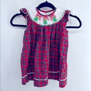 Lil Cactus smocked Christmas Tree embroidered plaid rick rack ruffle dress sz 3T